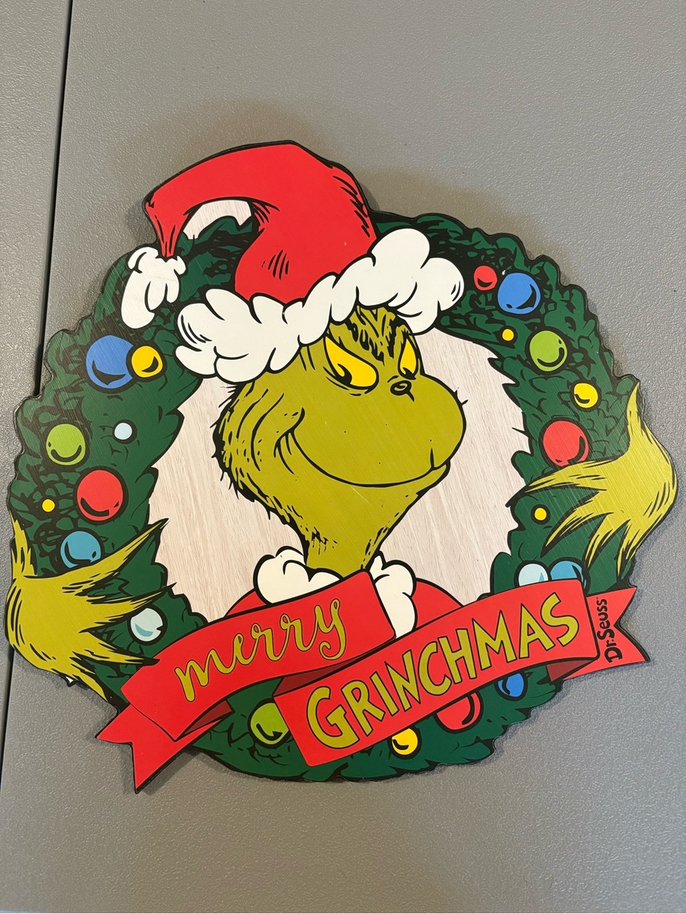 Dr. Seuss Grinch Wreath Sign in Green, Red, Yellow, Blue 16.5”X16”